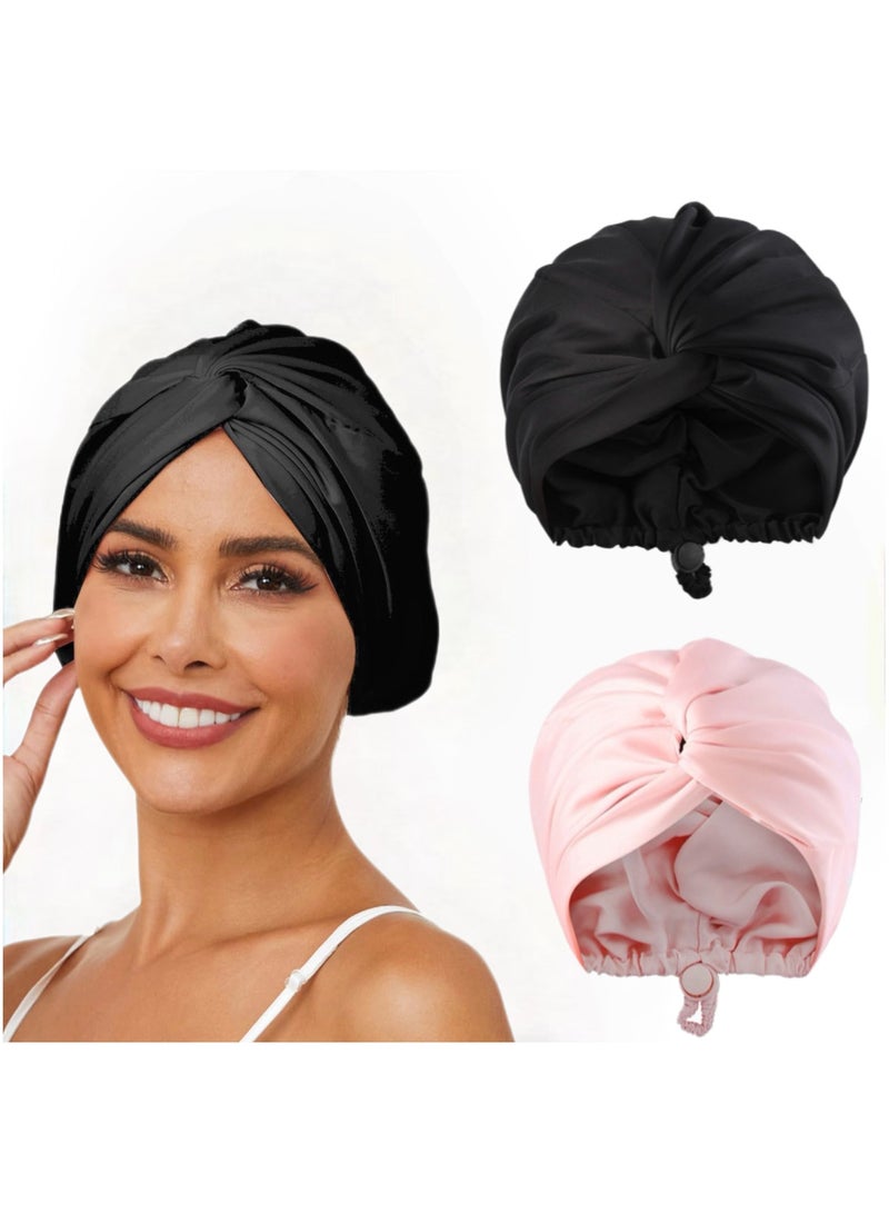 Generic 2PCS Silk Satin Hair Bonnet for Sleeping, Adjustable Double Layer Hair Wrap Sleep Cap for Unisex Curly Natural Hair, Soft Silk Turban One Size (Black+Pink) - Image 1