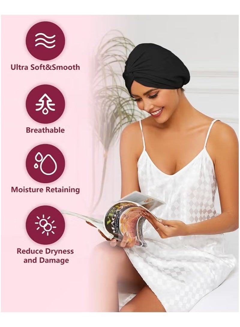 Generic 2PCS Silk Satin Hair Bonnet for Sleeping, Adjustable Double Layer Hair Wrap Sleep Cap for Unisex Curly Natural Hair, Soft Silk Turban One Size (Black+Pink) - Image 5