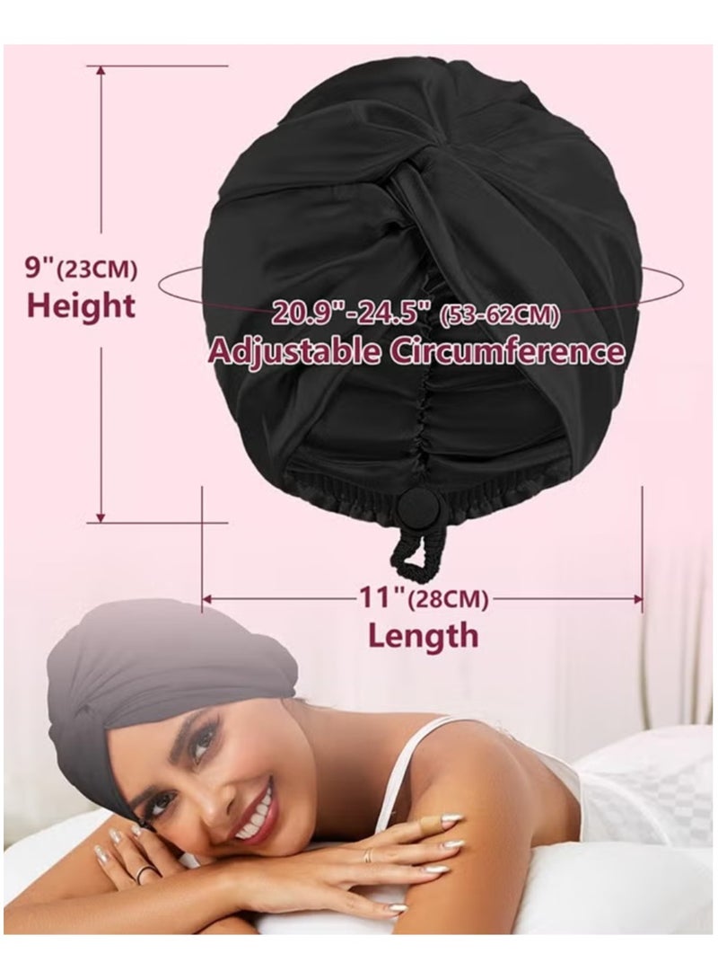 Generic 2PCS Silk Satin Hair Bonnet for Sleeping, Adjustable Double Layer Hair Wrap Sleep Cap for Unisex Curly Natural Hair, Soft Silk Turban One Size (Black+Pink) - Image 2