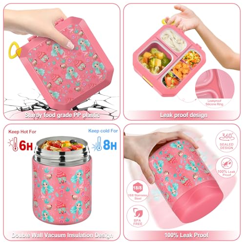 wiwens Bento Lunch Box for Kids with 12oz Soup Thermo Leak-Proof Lunch Food Container with 5 Compartment Thermo Hot Food Jar and Insulated Lunch Bag for Kid Toddler Girls Boys to School - Image 3