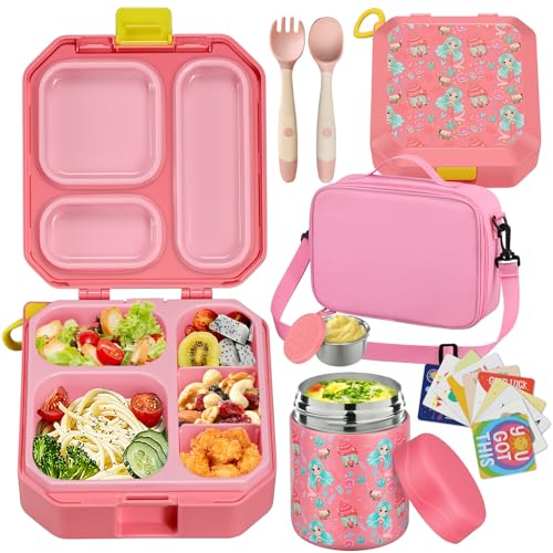 wiwens Bento Lunch Box for Kids with 12oz Soup Thermo Leak-Proof Lunch Food Container with 5 Compartment Thermo Hot Food Jar and Insulated Lunch Bag for Kid Toddler Girls Boys to School - Image 1