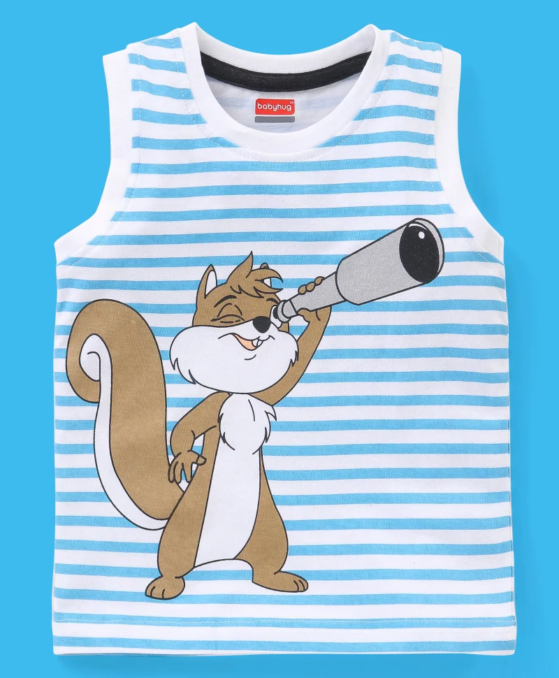 babyhug Babyhug Cotton Sleeveless Striped T-Shirt Squirrel Print- White & Blue