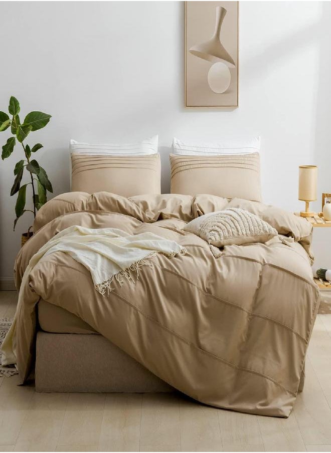 JELLYMONI JELLYMONI Queen Size Khaki Duvet Cover Set - 3PCS Microfiber Bedding Set, Stylish Pleated Design, 8 Corner Ties & Zipper Closure, Ultra Soft and Comfortable 