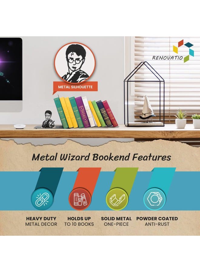 Renovatio Wizard Metal Bookend Unique, Cute, and Geeky Decor for Office, Home - Heavy Duty, Non-Slip, Minimalist Bookends for Shelves - Image 3