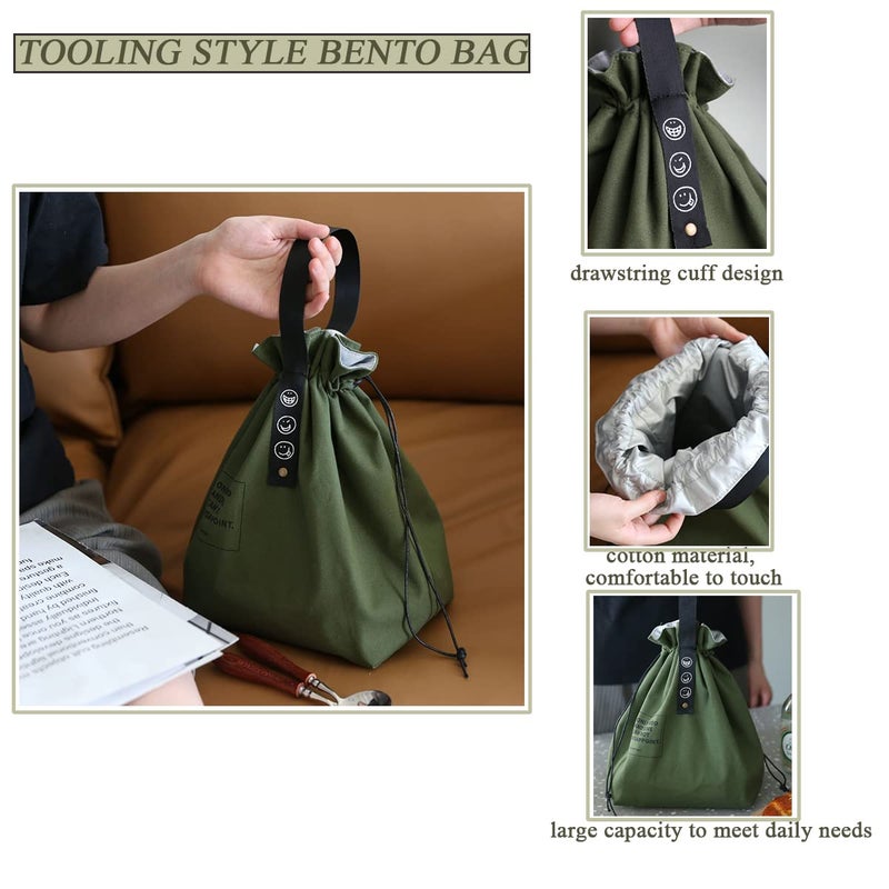 XINSHUN Canvas Drawstring Lunch Bag Insulated Lunch Bento Tote Bag Reusable Lunch Bag with Handle and Drawstring Closure for Women Work Picnic or Travel (COLOR1) - Image 3