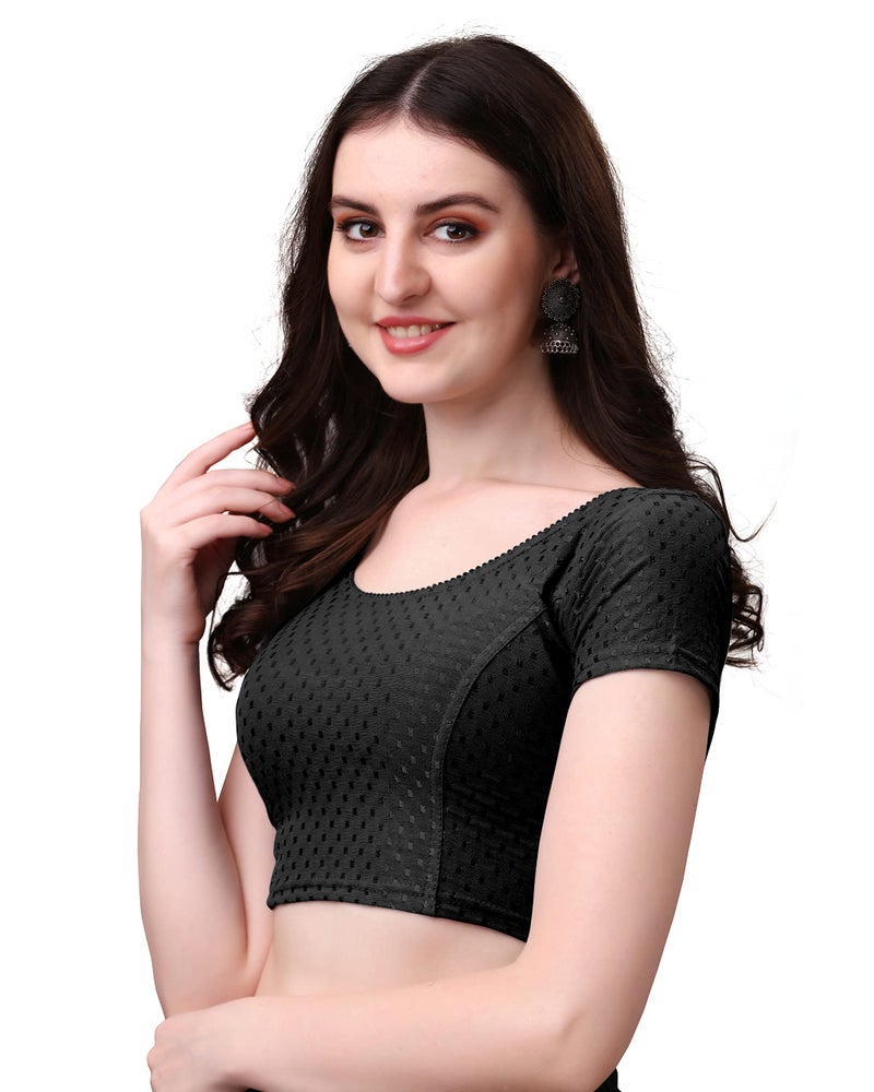 Kipzy Women's Cotton Stretchable Saree Blouse – Round Neck, Short Sleeves, Readymade Slim Fit Blouse for Women 34 Black - Image 3