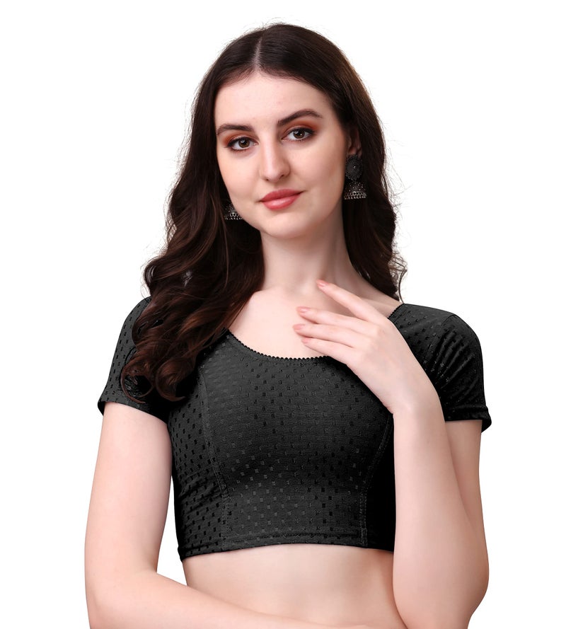 Kipzy Women's Cotton Stretchable Saree Blouse – Round Neck, Short Sleeves, Readymade Slim Fit Blouse for Women 34 Black - Image 1