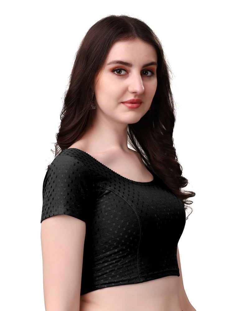 Kipzy Women's Cotton Stretchable Saree Blouse – Round Neck, Short Sleeves, Readymade Slim Fit Blouse for Women 34 Black - Image 4
