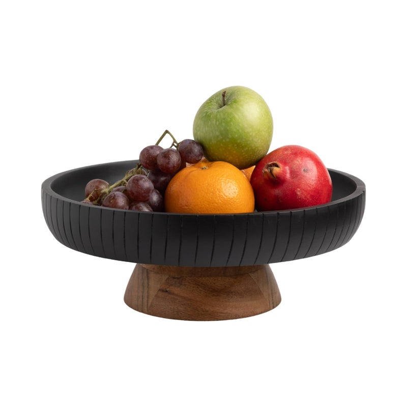 LAVAUK Mango Wood fruit bowl, Decorative black bowl with natural finish pedestal | 12" dia | Dual tone look | Use as Centerpiece for kitchen counter or dining table (Black) - Image 1
