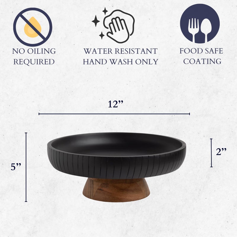 LAVAUK Mango Wood fruit bowl, Decorative black bowl with natural finish pedestal | 12" dia | Dual tone look | Use as Centerpiece for kitchen counter or dining table (Black) - Image 4