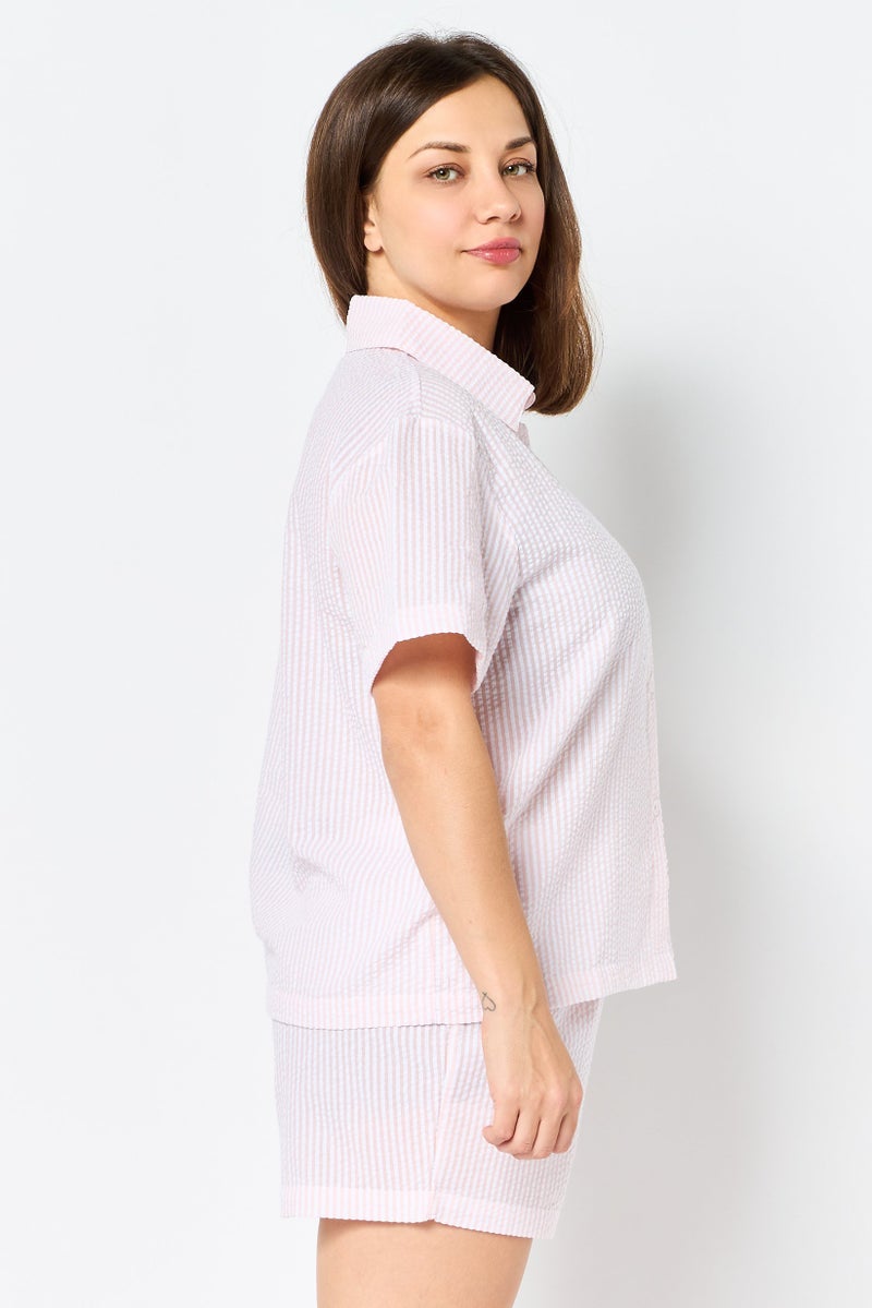 Rae Dunn Women 2 Pieces Spread Collar Embroidered Short Sleeve Pajama Set, Multicolor - Image 4