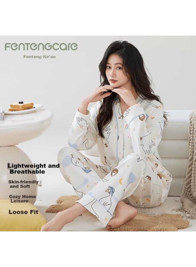 Fentengcare Women's Spring Autumn Pajama Set With Chest Pad, Wearable Cardigan, V-neck, Long Sleeve, Long Pants, Homewear Qh - Image 1