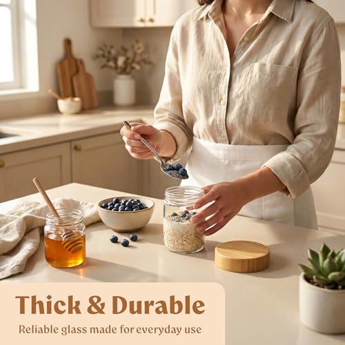 EDELHAUS Overnight Oats Containers with Lids Bamboo (4 x 16oz) Glass Jars for Oatmeal, Meal Prep, Food Storage | Leak-Proof Mason Jars for Oats, Cereal, Yogurt, Chia Pudding [Thicker Glass 3mm] - Image 4