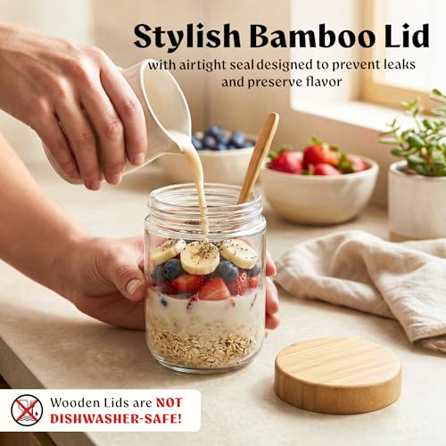 EDELHAUS Overnight Oats Containers with Lids Bamboo (4 x 16oz) Glass Jars for Oatmeal, Meal Prep, Food Storage | Leak-Proof Mason Jars for Oats, Cereal, Yogurt, Chia Pudding [Thicker Glass 3mm] - Image 3