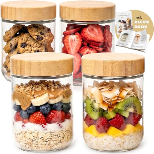 EDELHAUS Overnight Oats Containers with Lids Bamboo (4 x 16oz) Glass Jars for Oatmeal, Meal Prep, Food Storage | Leak-Proof Mason Jars for Oats, Cereal, Yogurt, Chia Pudding [Thicker Glass 3mm] - Image 1
