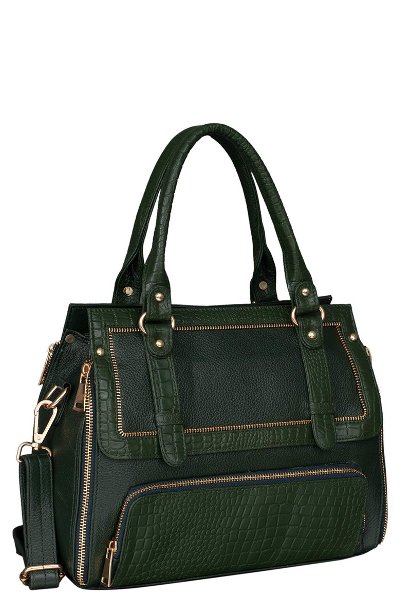 BRAND LEATHER Women's Genuine Leather Handbags Shoulder Bag Satchel Designer Ladies Purse Crossbody Bags with Golden Metal Zipper (GREEN) - Image 1