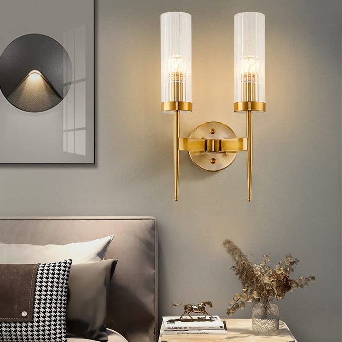 2 LIGHT GOLDEN METAL CLEAR GLASS LONG WALL LIGHT - GOLD WARM WHITE