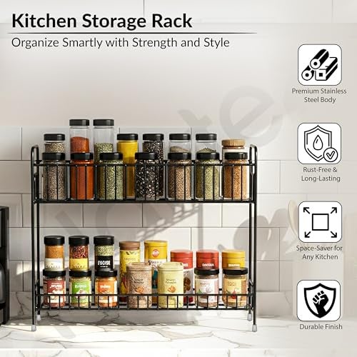 Plantex Kitchen Organizer Rack/Spice/Masala Rack Stand for Oil Bottles, Containers & Spices, Table Top/2 Tier Bathroom Storage Shelf Organizer-(Black, Metal) - Image 2
