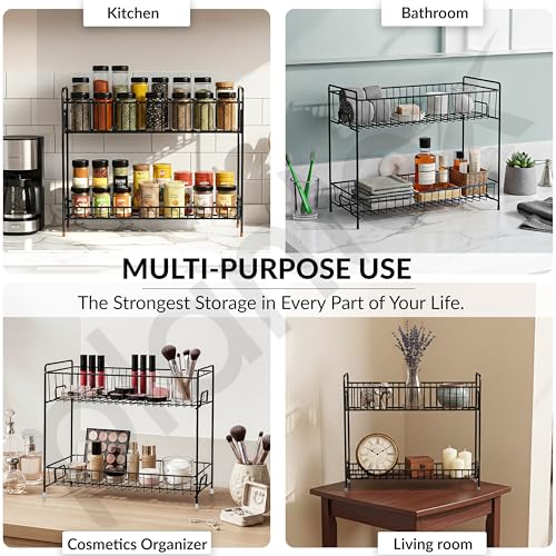 Plantex Kitchen Organizer Rack/Spice/Masala Rack Stand for Oil Bottles, Containers & Spices, Table Top/2 Tier Bathroom Storage Shelf Organizer-(Black, Metal) - Image 5