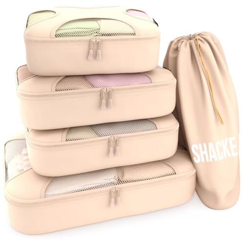 Shacke Premium 5 Packing Cubes Set - Lightweight Mesh Travel Luggage Organizers with Laundry Bag, 5-Piece Suitcase Storage System (Cream) - Image 1