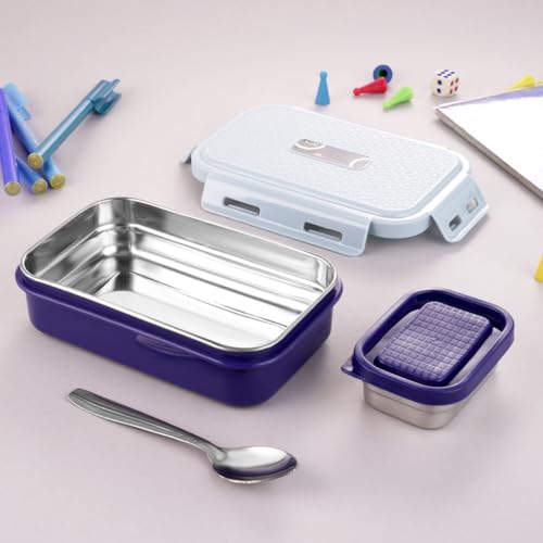 GALOOF Lunch Box for Kids 500 ml | Inner Stainless Steel Tiffin Box 2 Compartment Bento Lunchbox for School Boys and Girls (Blue) - Image 2