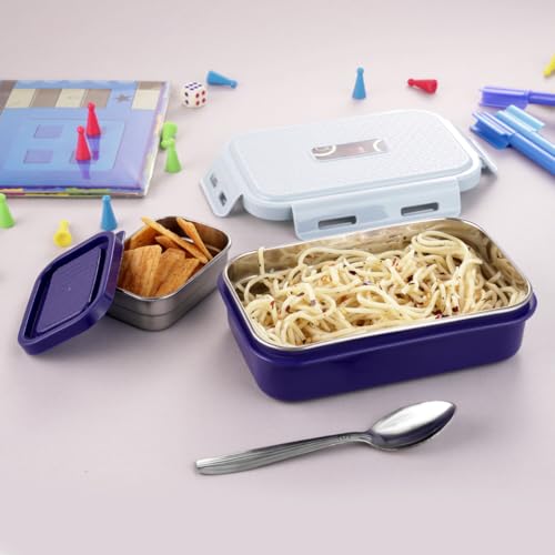 GALOOF Lunch Box for Kids 500 ml | Inner Stainless Steel Tiffin Box 2 Compartment Bento Lunchbox for School Boys and Girls (Blue) - Image 3