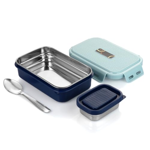 GALOOF Lunch Box for Kids 500 ml | Inner Stainless Steel Tiffin Box 2 Compartment Bento Lunchbox for School Boys and Girls (Blue) - Image 1