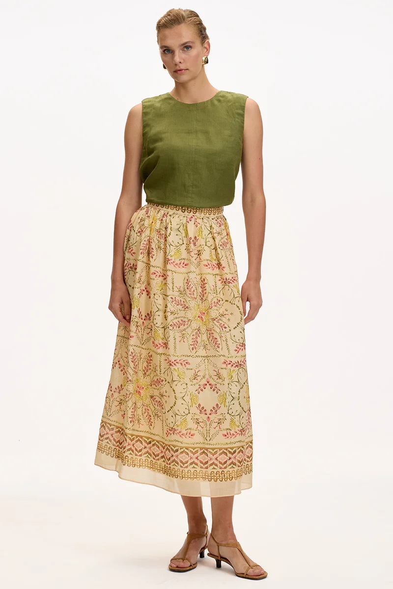 Exquise Regular Midi Woven Multicolored Skirt with Gathered Waist and Lining