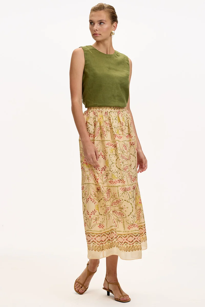 Exquise Regular Midi Woven Multicolored Skirt with Gathered Waist and Lining