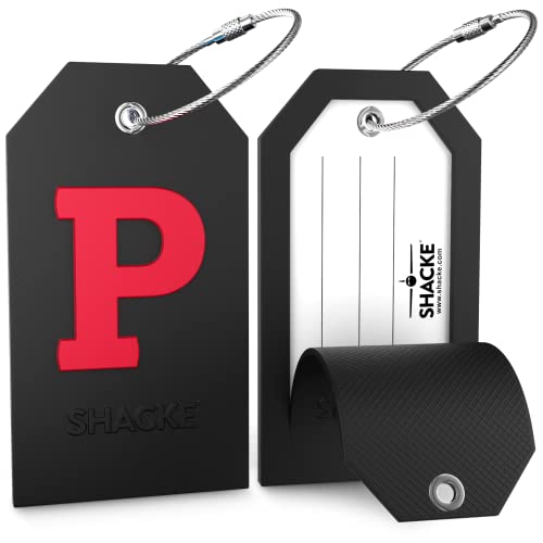 Shacke Initial Luggage Tag with Full Privacy Cover and Stainless Steel Loop - Black (Letter P) - Image 2