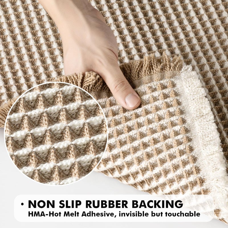 MIULEE Set of 2 Waffle Bathroom Rugs, Boho Bath Rugs Non Slip Washable, Super Absorbent Bath Mats, Ultra Soft Rubber Backed Shower Mats for Bathroom Floor, Tub, Brown & White, 17"x24"+18"x30" - Image 4