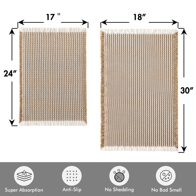 MIULEE Set of 2 Waffle Bathroom Rugs, Boho Bath Rugs Non Slip Washable, Super Absorbent Bath Mats, Ultra Soft Rubber Backed Shower Mats for Bathroom Floor, Tub, Brown & White, 17"x24"+18"x30" - Image 2