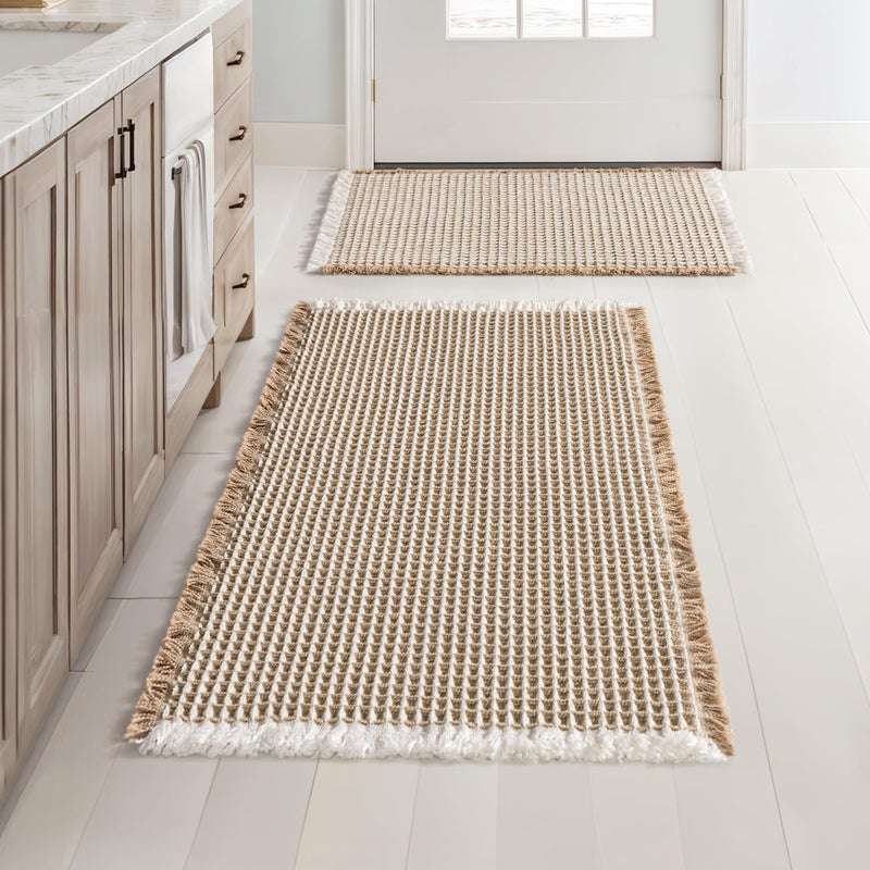 MIULEE Set of 2 Waffle Bathroom Rugs, Boho Bath Rugs Non Slip Washable, Super Absorbent Bath Mats, Ultra Soft Rubber Backed Shower Mats for Bathroom Floor, Tub, Brown & White, 17"x24"+18"x30" - Image 1