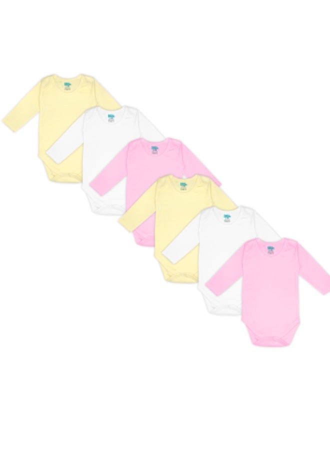 Babies Basic 100% Super Combed Cotton, Long Sleeves Romper/Bodysuit, For New Born To 24Months, Set Of 6 - Pink, Lemon, Cream  - Image 1