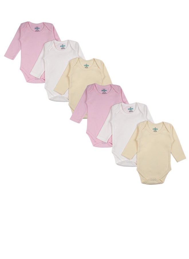 Babies Basic 100% Super Combed Cotton, Long Sleeves Romper/Bodysuit, For New Born To 24Months, Set Of 6 - Pink, Lemon, Cream  - Image 1
