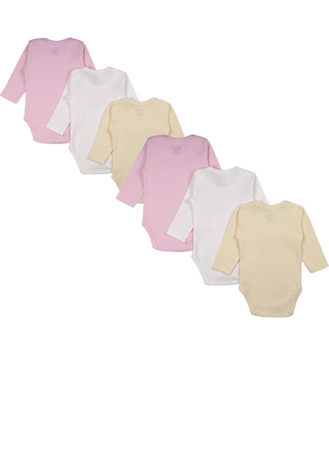 Babies Basic 100% Super Combed Cotton, Long Sleeves Romper/Bodysuit, For New Born To 24Months, Set Of 6 - Pink, Lemon, Cream  - Image 2