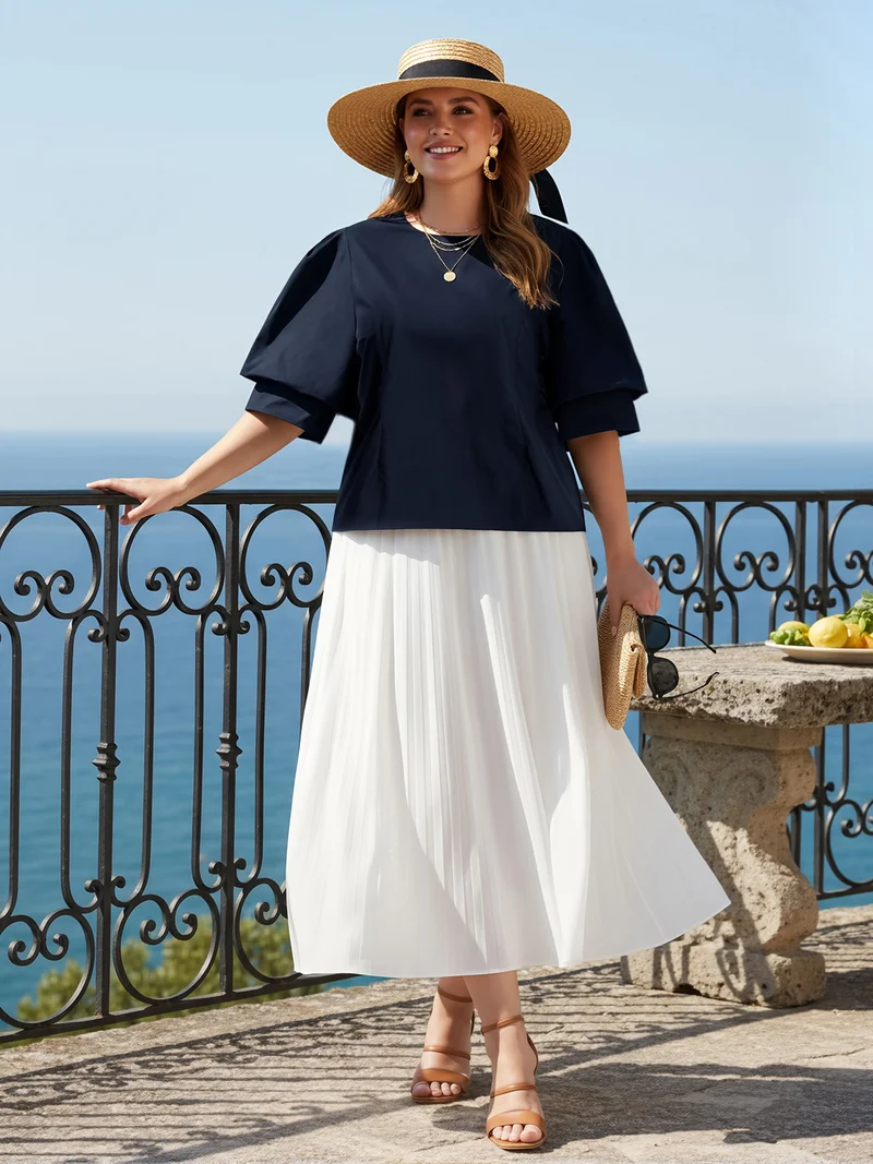 globus Globus Gloplus Women Navy Blue Puff Sleeves Round Neck Plus Size Shirt Style Workwear Top With Back Button