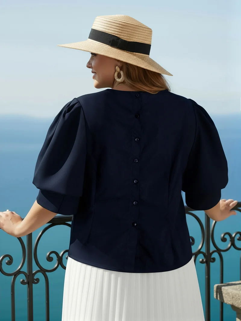globus Globus Gloplus Women Navy Blue Puff Sleeves Round Neck Plus Size Shirt Style Workwear Top With Back Button