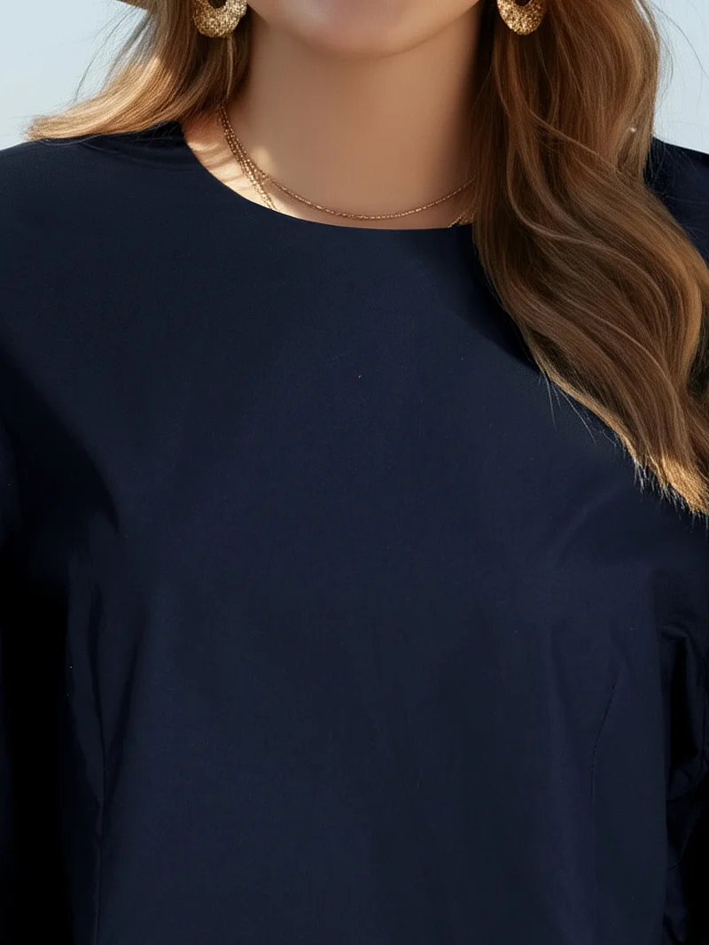 globus Globus Gloplus Women Navy Blue Puff Sleeves Round Neck Plus Size Shirt Style Workwear Top With Back Button