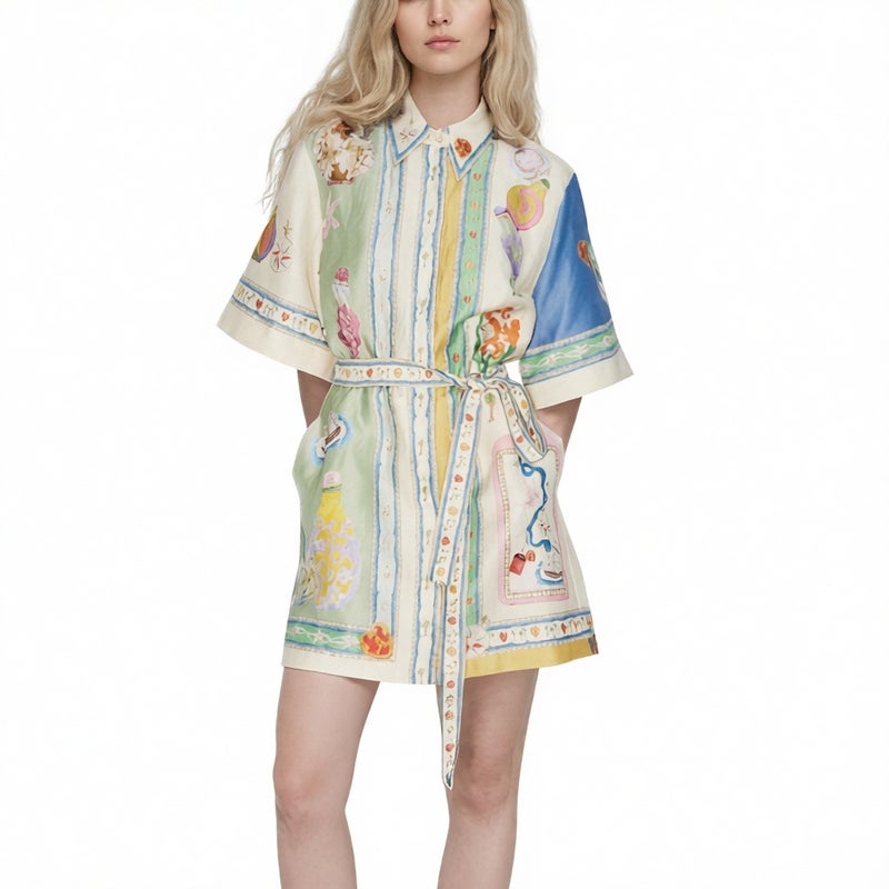 Women's Vintage Print Shirt Collar Waist Dress - Image 2
