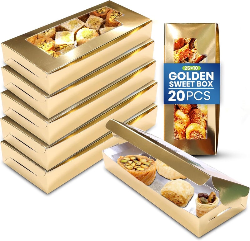 SNH Packing Pack 20 Gold Bakery Box with Window, 25 x 10 cm Sturdy Aluminum Treat Boxes for Cookies, Pastries, Donuts & Cakes - Dessert Gift Boxes for Weddings, Birthdays & Party Favors - Image 1