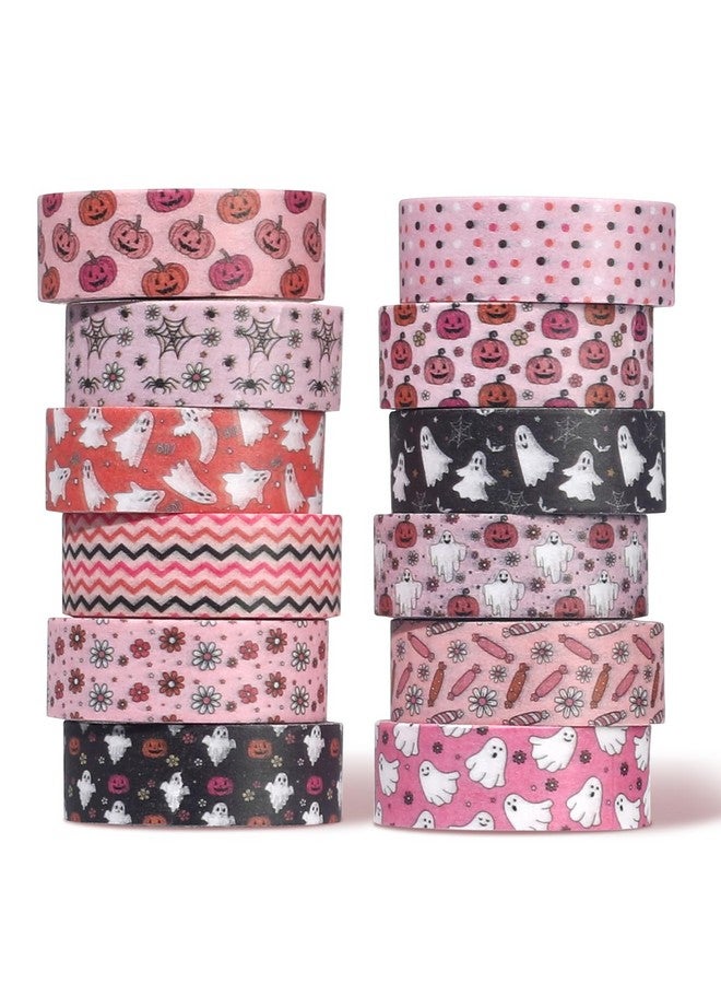 NEWEST 12 Rolls Halloween Washi Tape, Cute Ghost Pumpkin Washi Tape Boho Decorative Tapes Holiday Washi Paper Stickers 15Mm Wide Black Pink Masking Tape Set For Diy Crafts, Scrapbook, Party Decor - Image 1