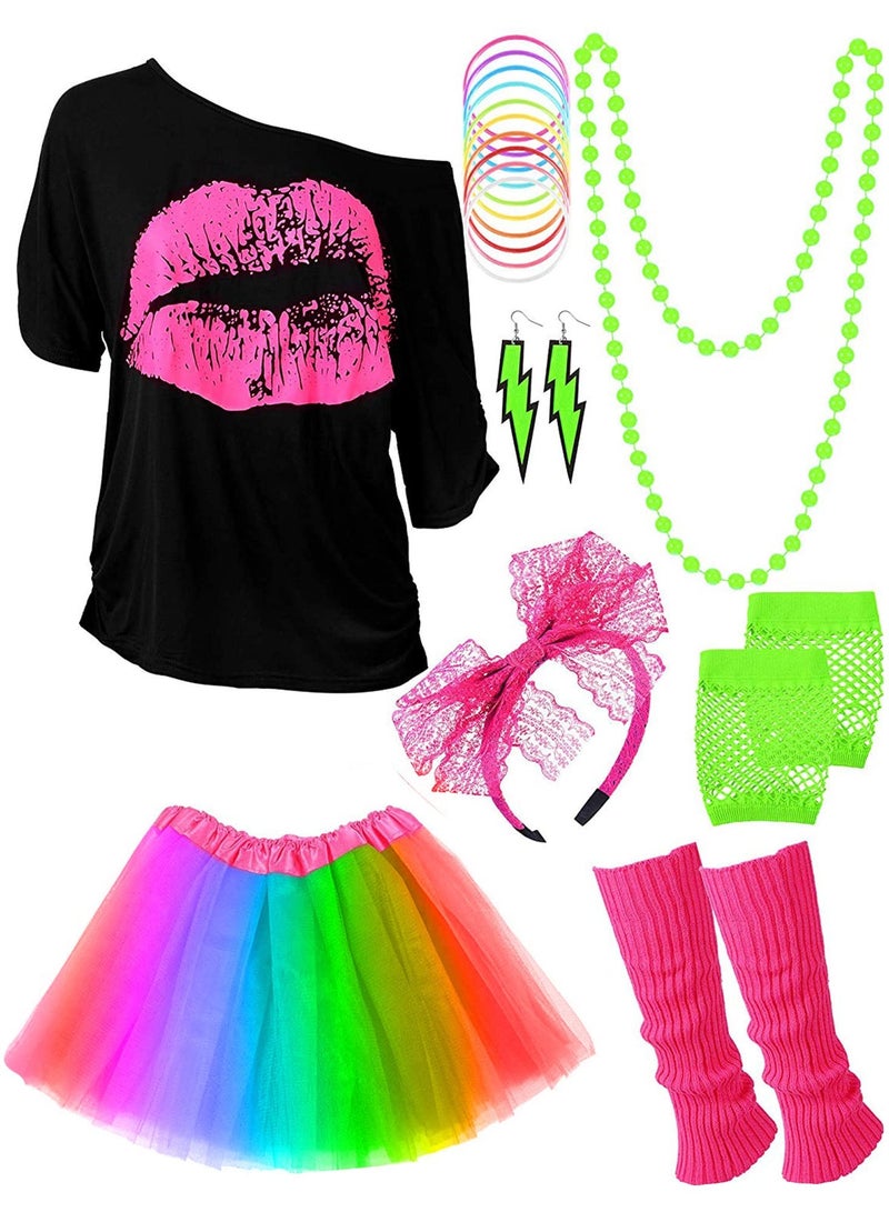 Excefore 80s Costume Accessories Set T-Shirt Tutu Headband Earring Necklace Leg Warmers, XL  - Image 1