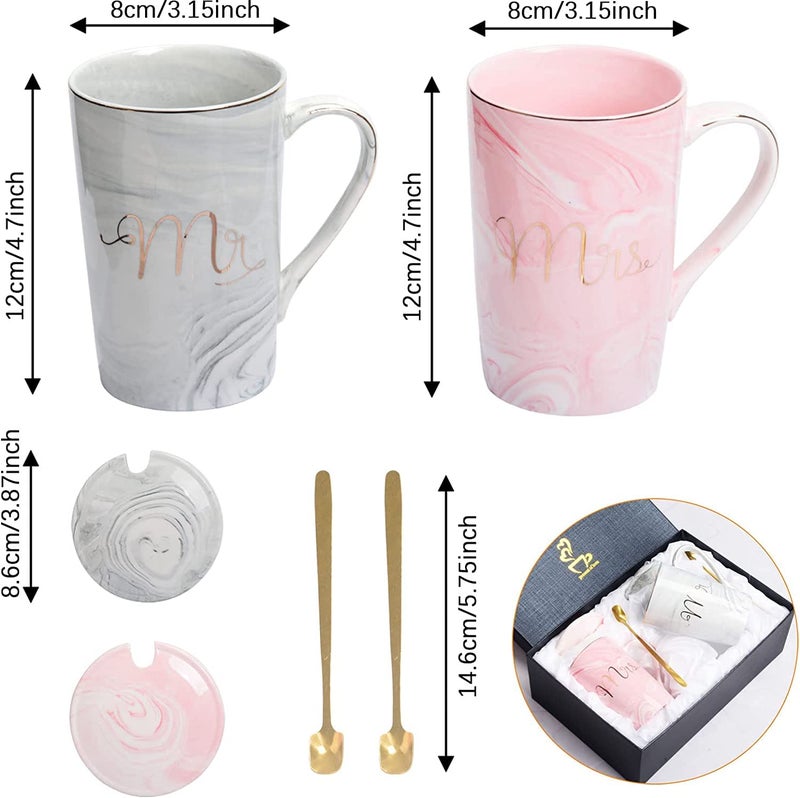 KELVEE Mr And Mrs Coffee Mugs With Lid & Spoon Set Of 2, Wedding Gifts For Couple/Bride And Groom, Ceramic Marble Cups For Bridal Engagement Wedding, Married Couples Anniversary, 400 ML - Image 5