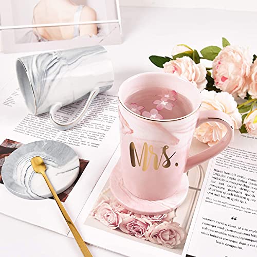 KELVEE Mr And Mrs Coffee Mugs With Lid & Spoon Set Of 2, Wedding Gifts For Couple/Bride And Groom, Ceramic Marble Cups For Bridal Engagement Wedding, Married Couples Anniversary, 400 ML - Image 4