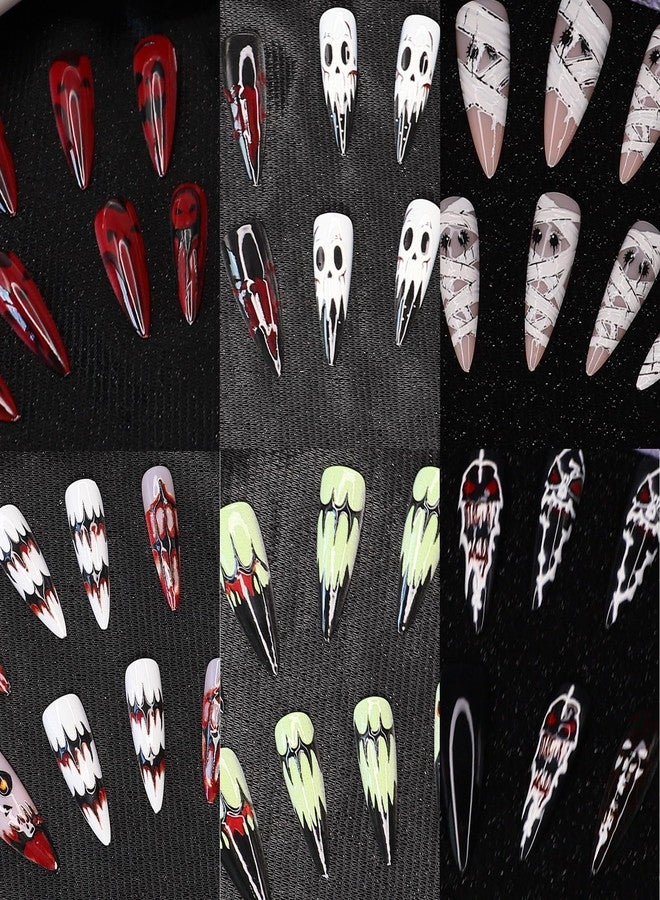 KKUUOO 6 Packs 144Pcs Halloween Acrylic Press on Nails Kit, Reusable Full Cover Fake Nails, Stick on Glue on False Nails for Women & Girls - Image 1