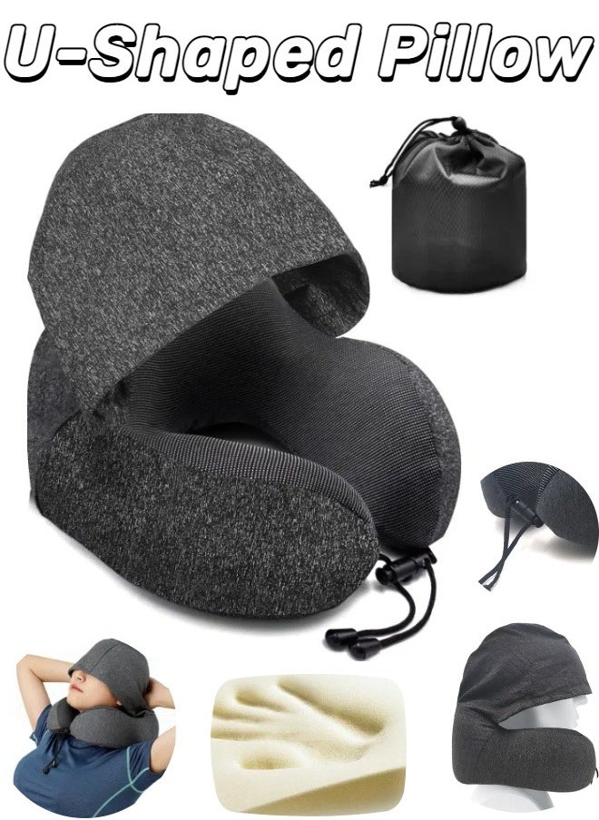 Generic - Hooded U-shaped Travel Pillow, Memory Foam Travel Pillow, Airplane Head and Neck Pillow, Portable Office Pillow, Car and Train Long Haul Flight Sleeping Pillow (Snowflake Black) - Image 1
