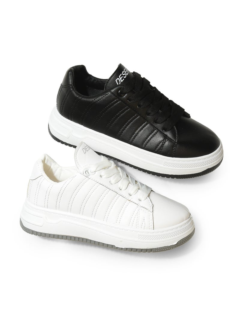 Desert Minimalist Side Embroidered Lace-Up White Flat Sneakers - Image 5