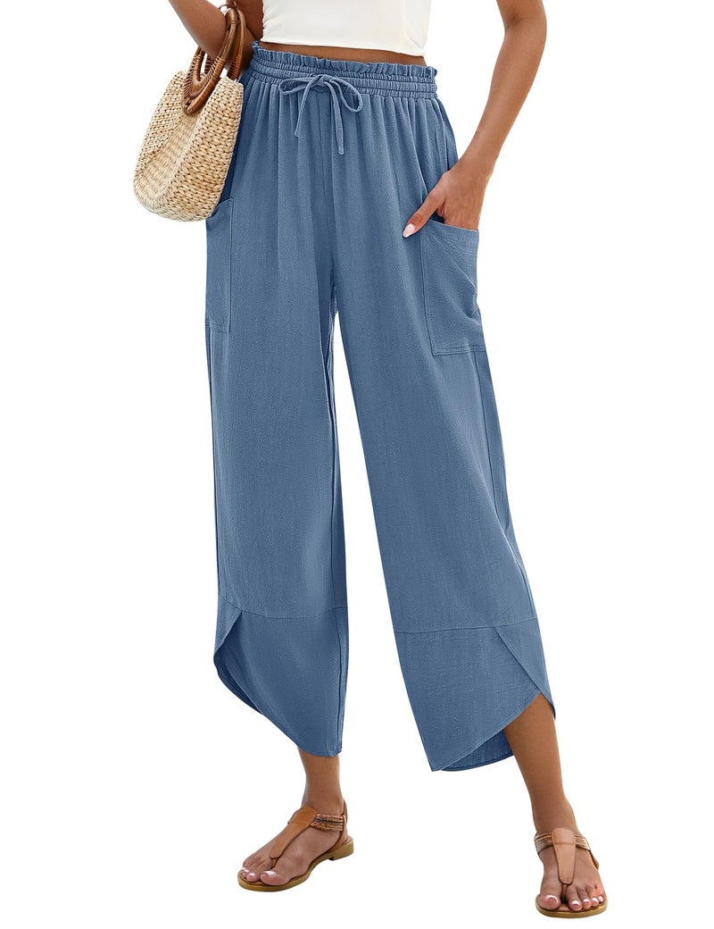 LOMON Linen Pants Women Wide Leg Palazzo Summer Flowy Pants Beach Vacation Clothes Elastic Waist Travel Trousers with Pockets (Blue,L) - Image 1