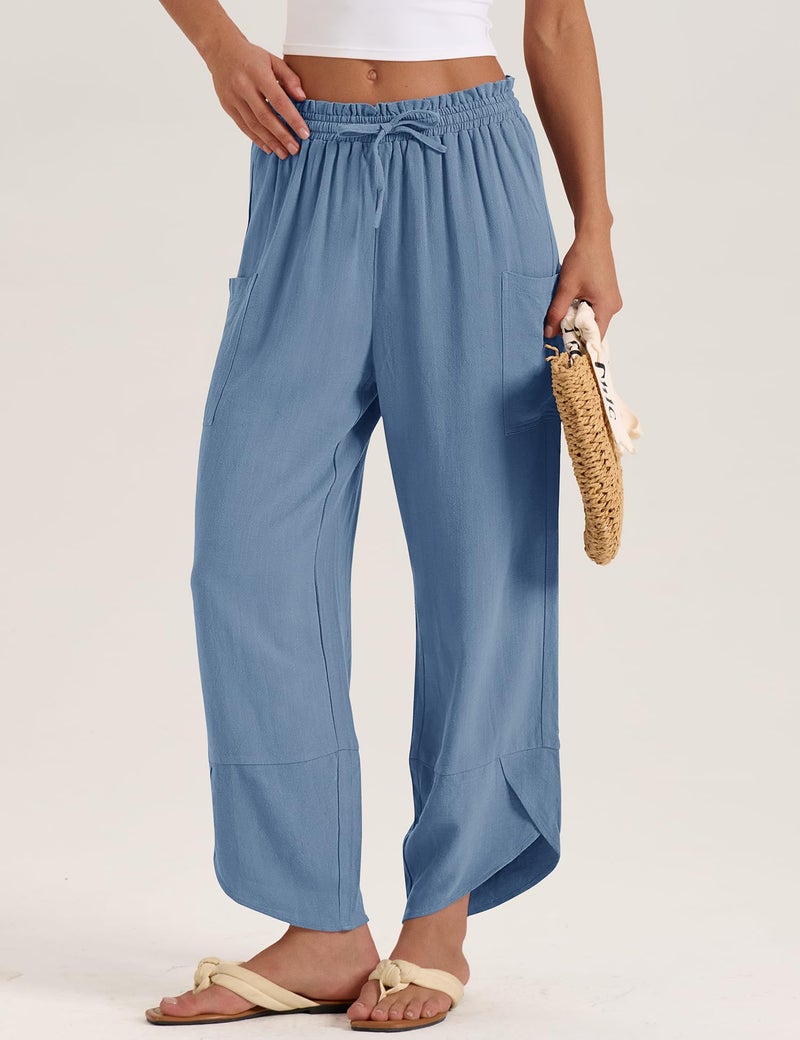 LOMON Linen Pants Women Wide Leg Palazzo Summer Flowy Pants Beach Vacation Clothes Elastic Waist Travel Trousers with Pockets (Blue,L) - Image 4